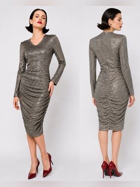 Melissa Obadash silver metallic pencil wiggle dress- bodycon. 6-8